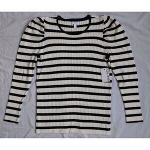NWT Nine West Ribbed Puff Sleeve Sweater Ivory Black Stripes Long Sleeve XL